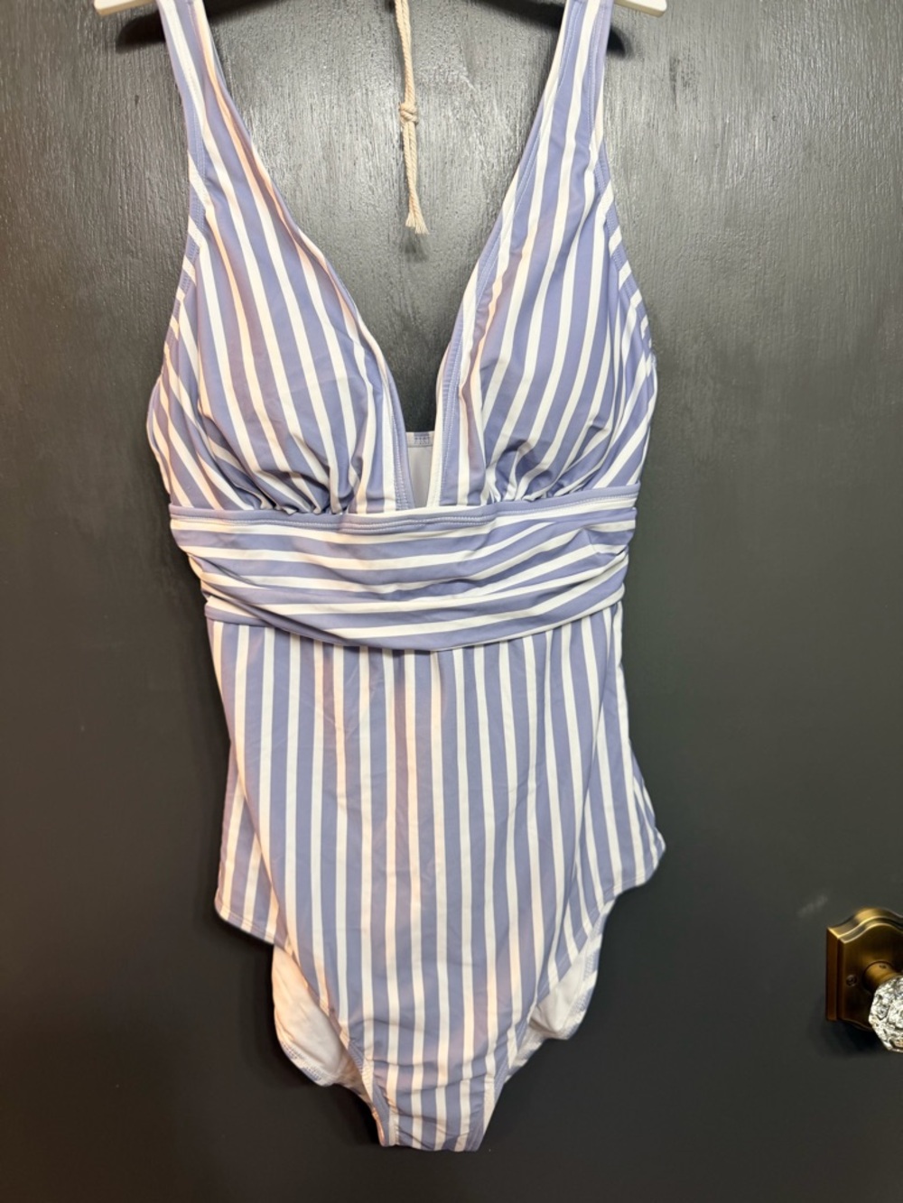 Striped V-Neck One-Piece Swimsuit in Light Blue and White